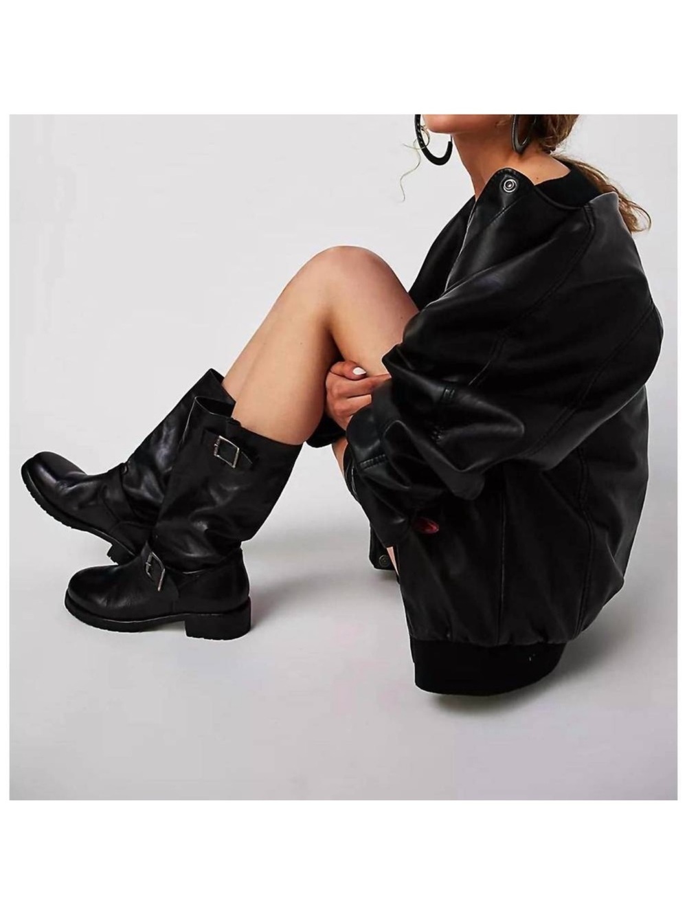 Free People Black Leather Mid-Calf Buckle Heeled Boots - Picture 3 of 14